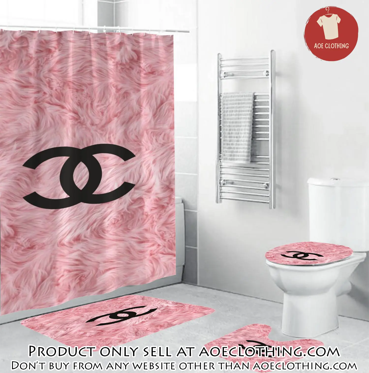 Coco chanel black logo in pink feather bathroom set shower curtain aoe0655502
